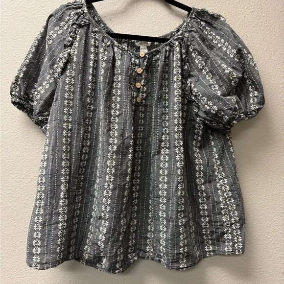 Cato Gray Floral Stripe Peasant Blouse Puff Sleeve Boho 18/20W - Picture 2 of 8